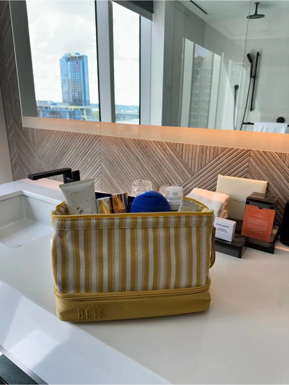 BÉIS Yellow & White Striped Cosmetic Bag Travel Makeup Case